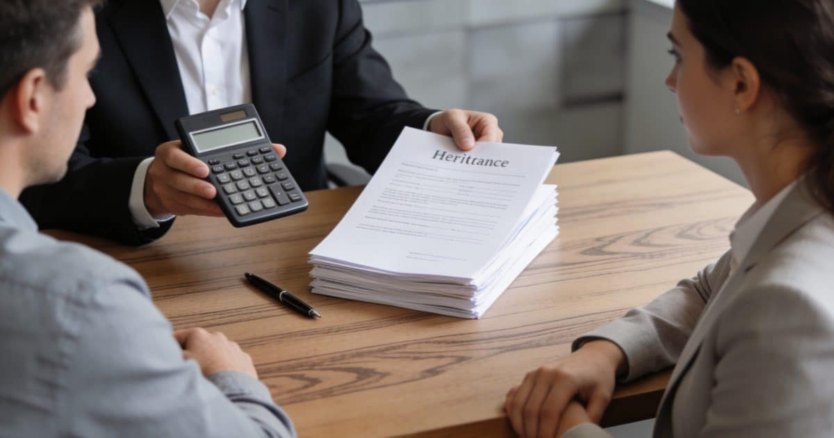 Notaire calculant des frais de succession devant héritiers