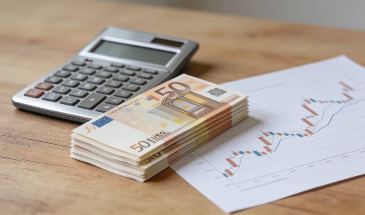 table de bureau avec calculatrice billets et graphique