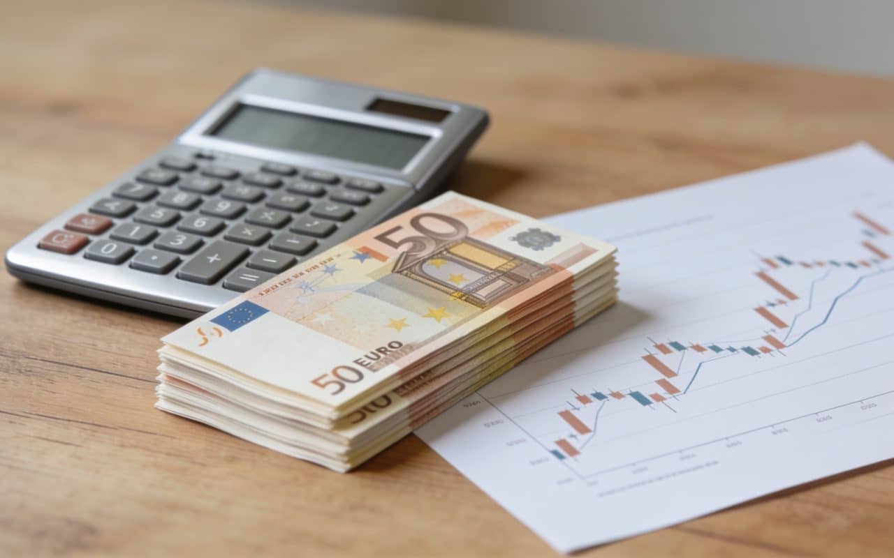 table de bureau avec calculatrice billets et graphique