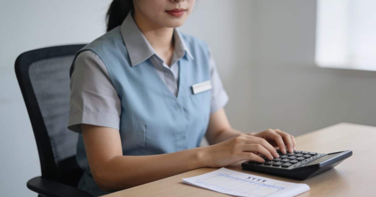 travailleuse assise devant bureau, calculatrice et fiche de paie
