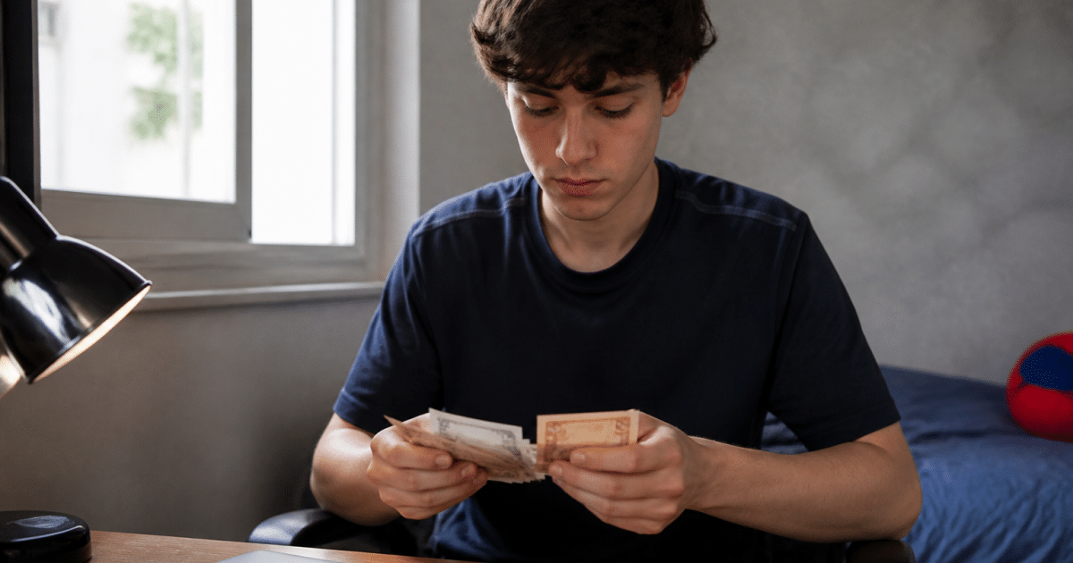 Adolescent assis a un bureau tenant des billets de banque