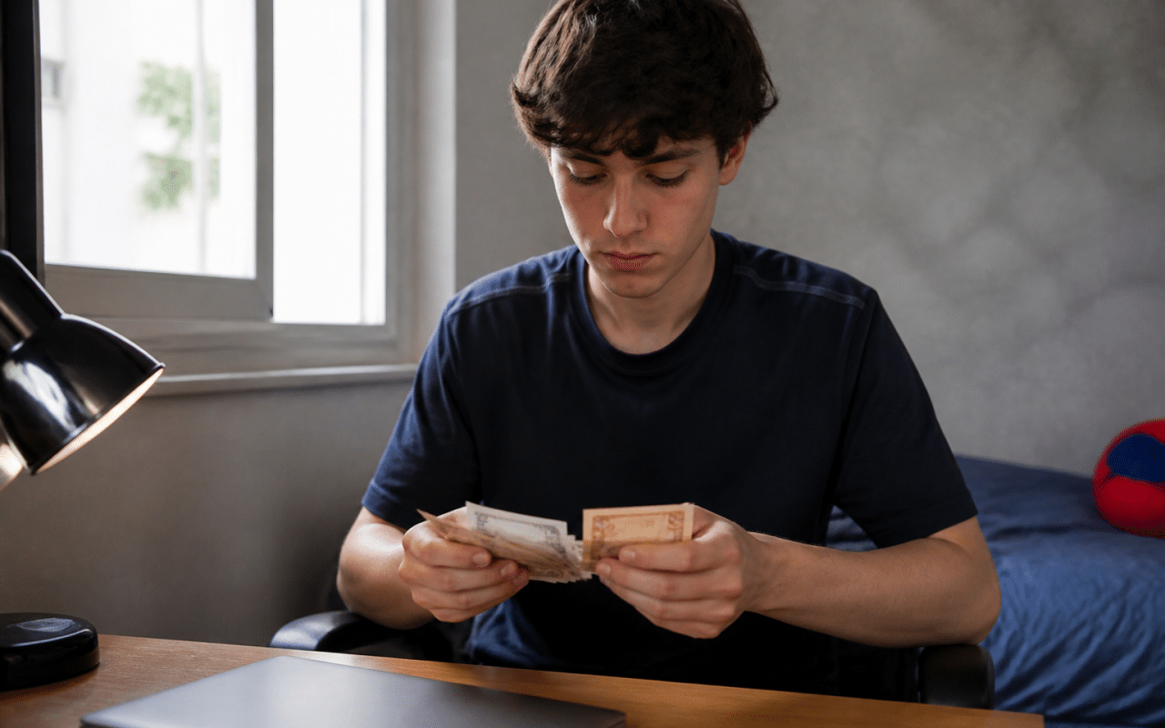 Adolescent assis a un bureau tenant des billets de banque