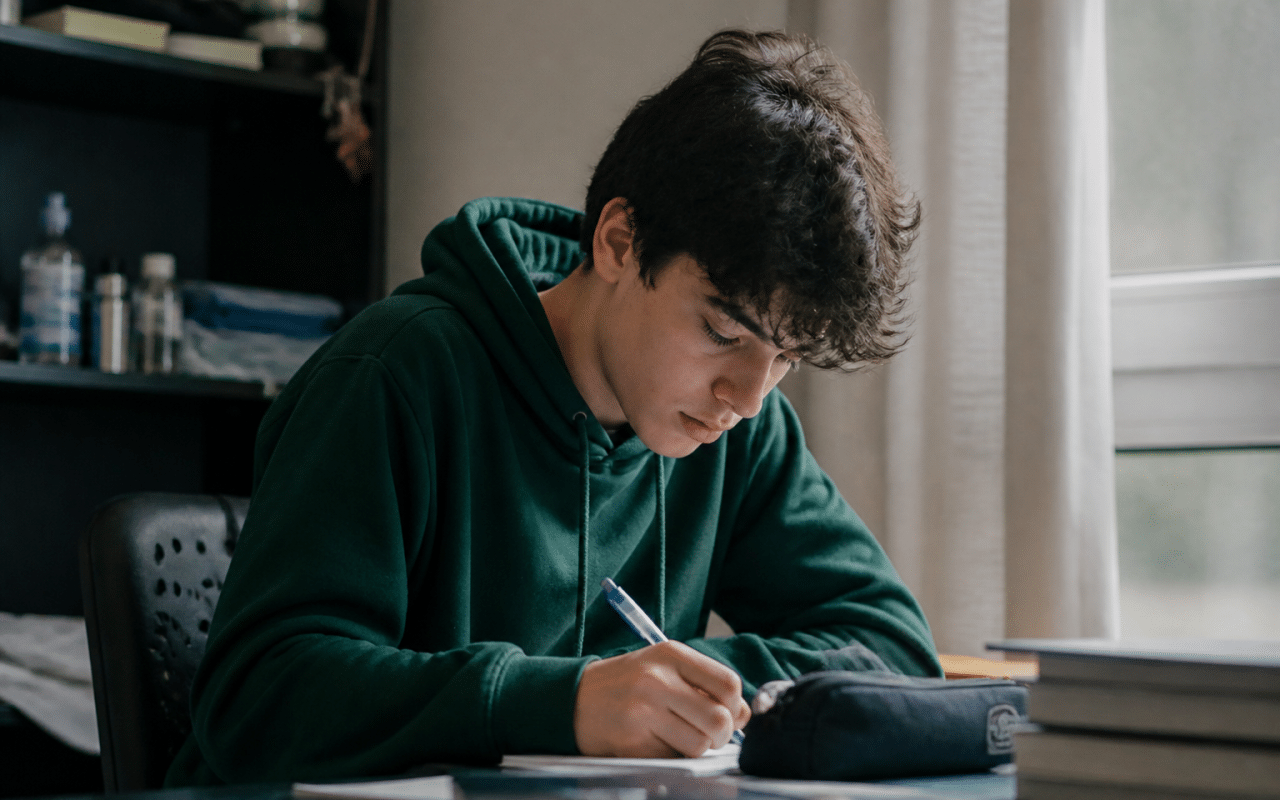 Adolescent assis a un bureau, stylo en main, etudiant