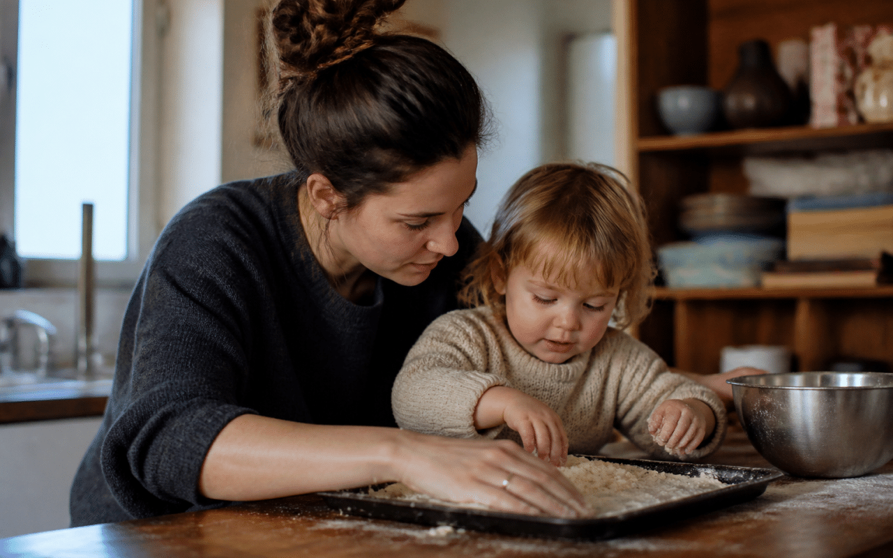 Adulte encadrant enfant en bas age dans maison