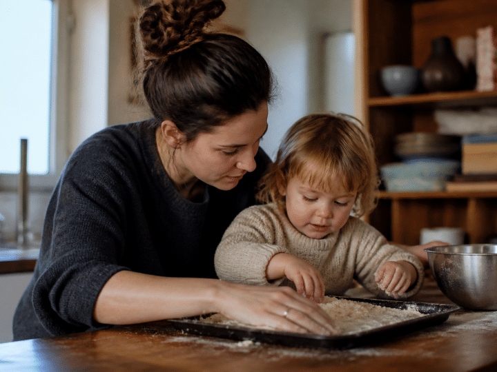 Adulte encadrant enfant en bas age dans maison