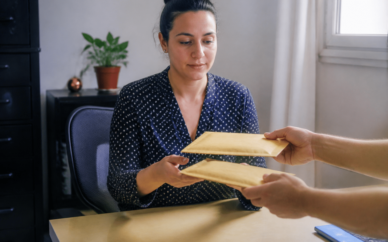 Personne assise a un bureau recevant deux enveloppes de revenus simultanement