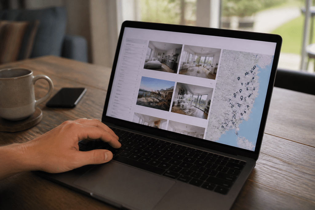 Ordinateur portable affichant annonces immobilières avec filtres recherche