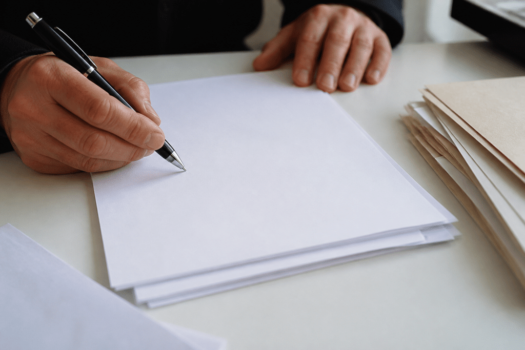 Documents succession avec stylo noir sur table blanche