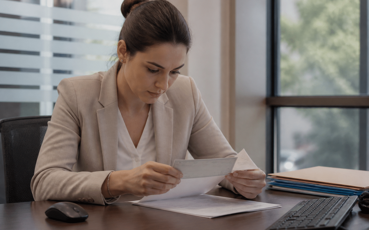 Employe bancaire verifie cheque montant sur document papier
