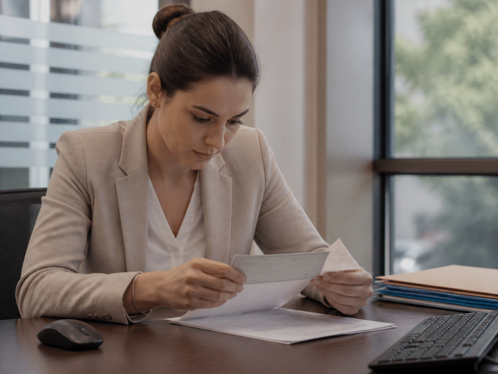 Employe bancaire verifie cheque montant sur document papier