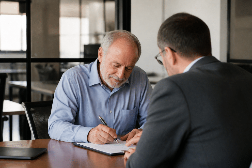 Homme senior signant contrat emploi avec directeur ressources humaines