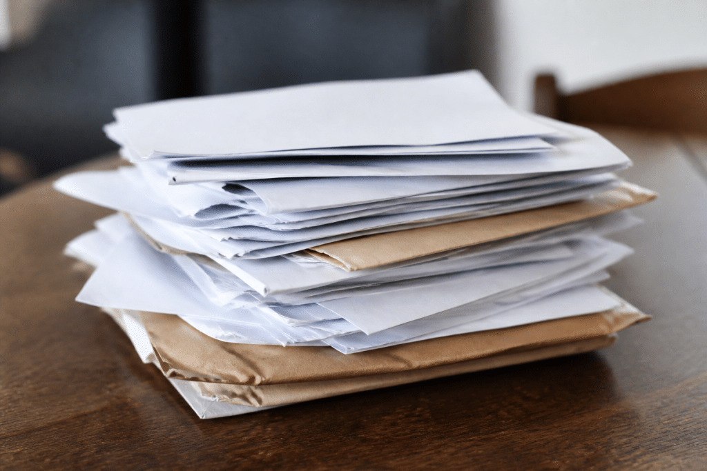 Bulletins de paie avec enveloppes et documents financiers empiles