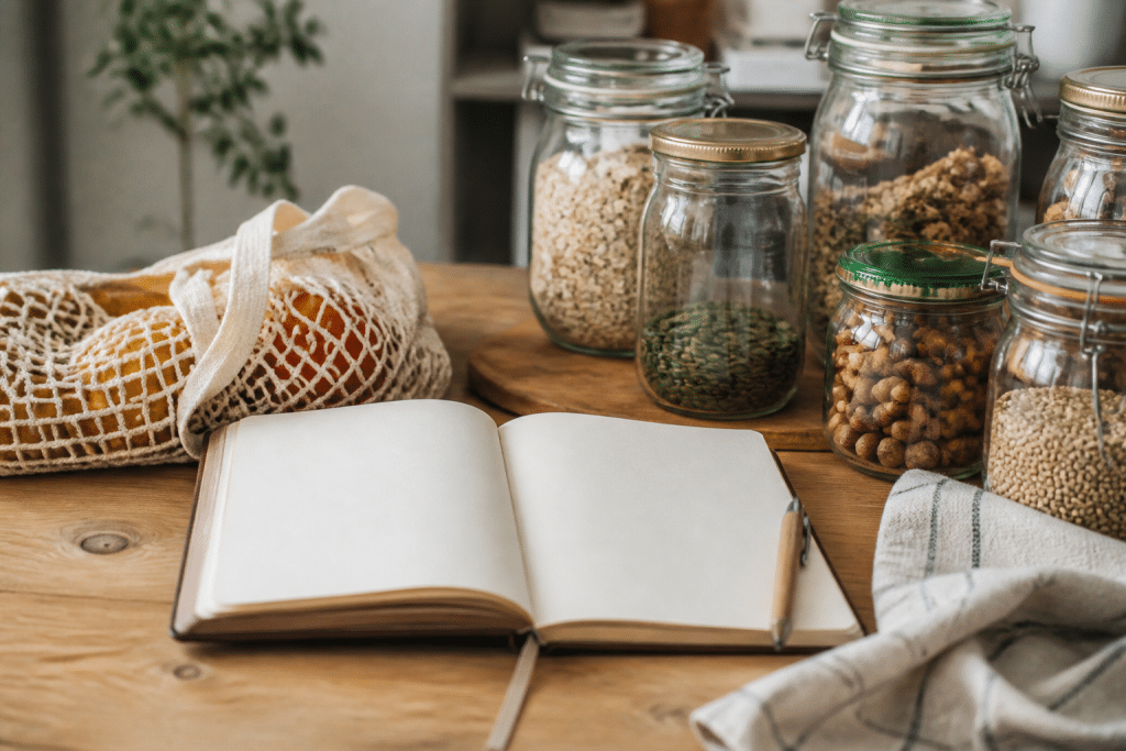 Cahier ouvert avec liste courses et bocaux remplis ingredients