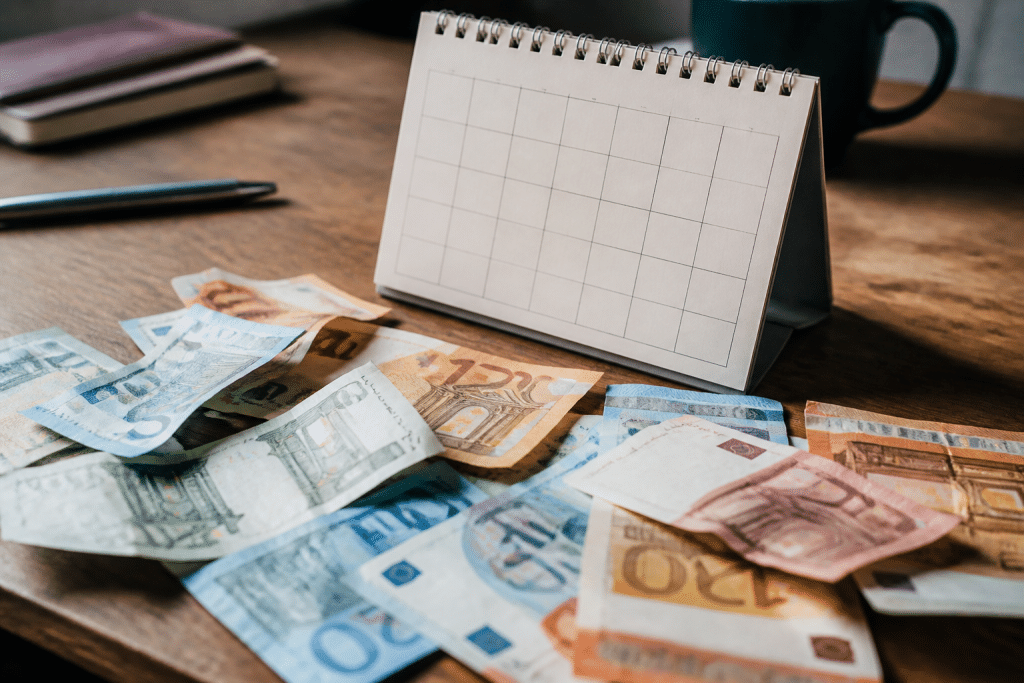 Billets d'euros eparpilles avec calendrier montrant passage annees