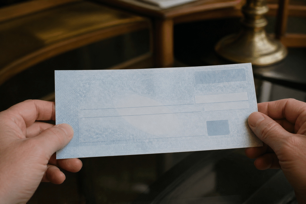 Cheque bancaire bleu avec montant eleve inscrit visiblement
