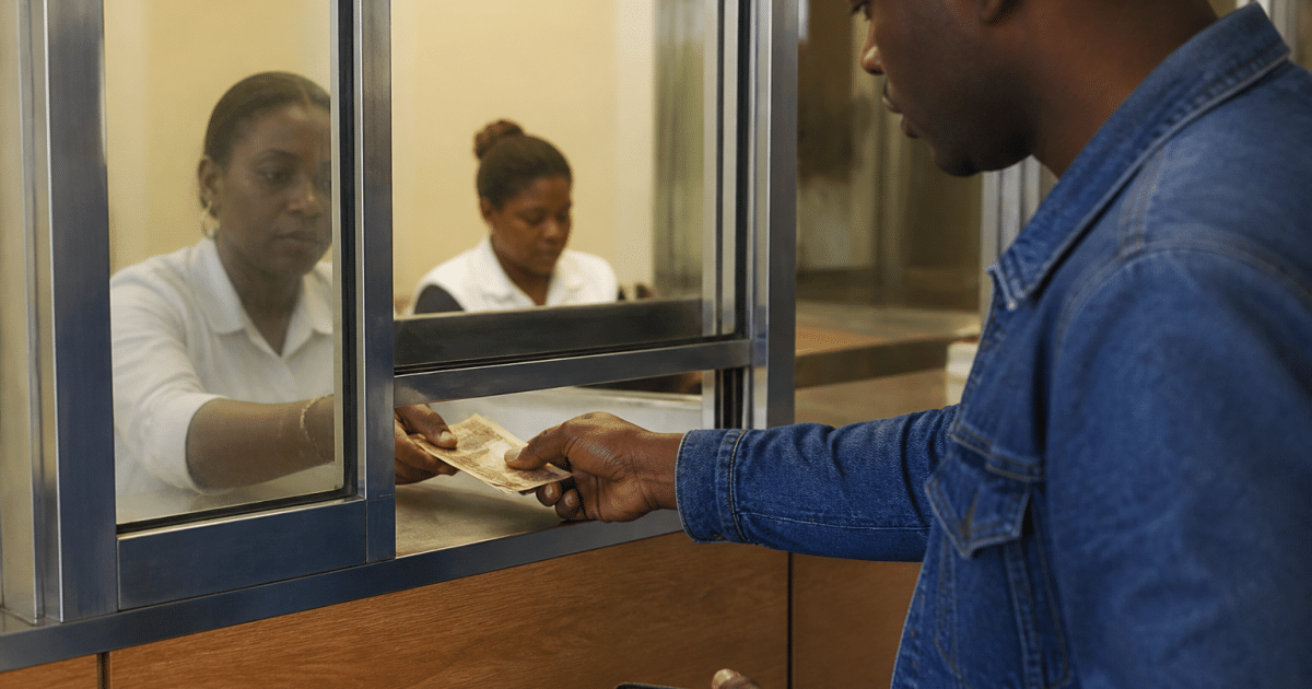 Client remettant des billets au guichet bancaire.