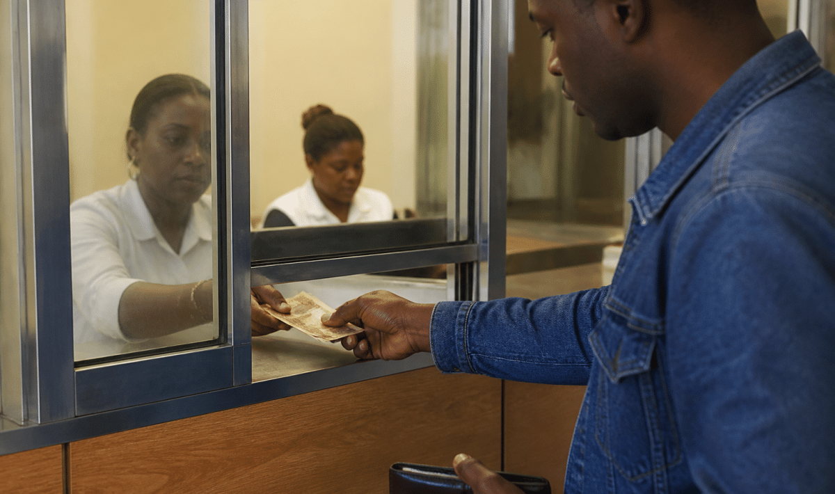 Client remettant des billets au guichet bancaire.