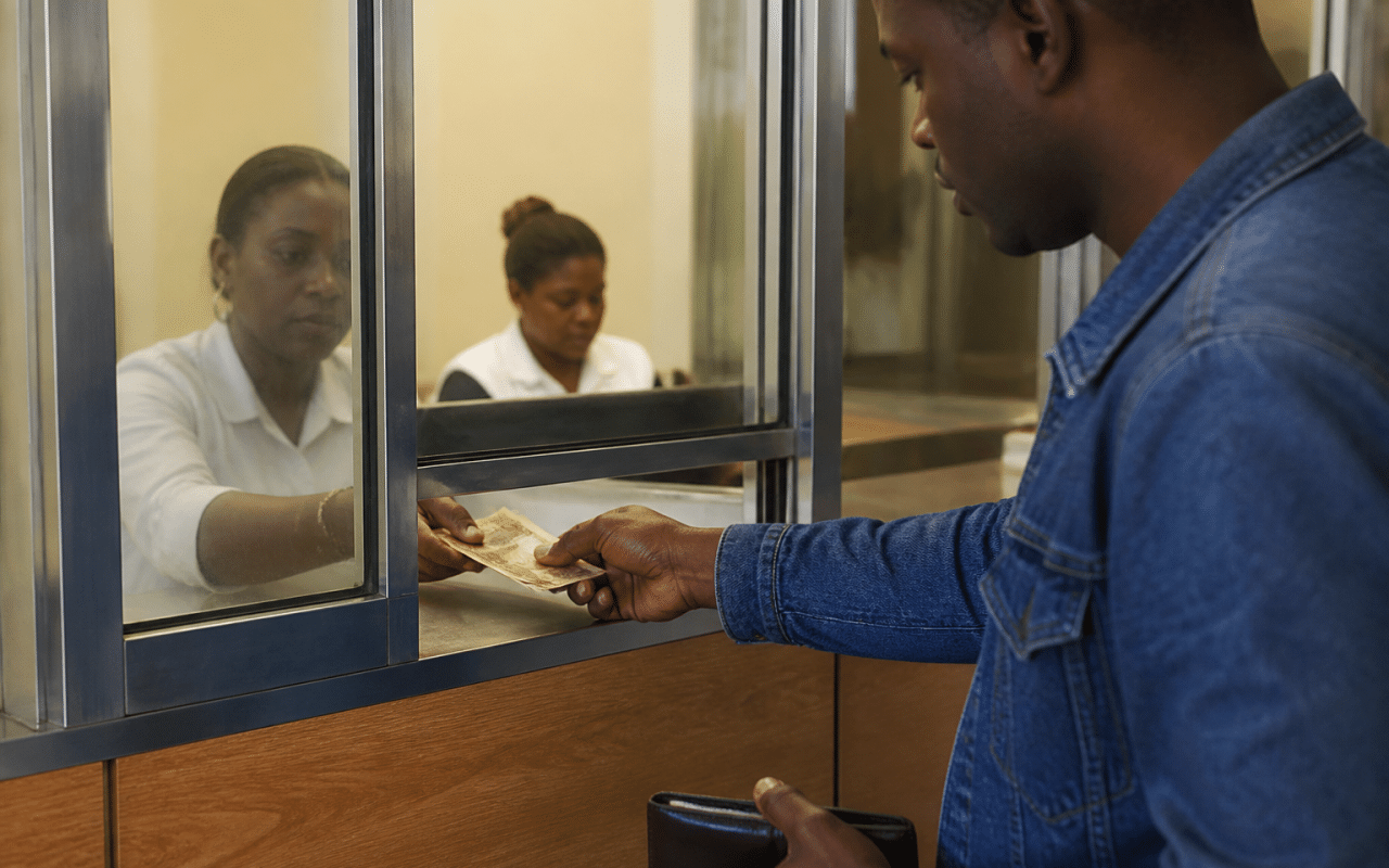 Client remettant des billets au guichet bancaire.
