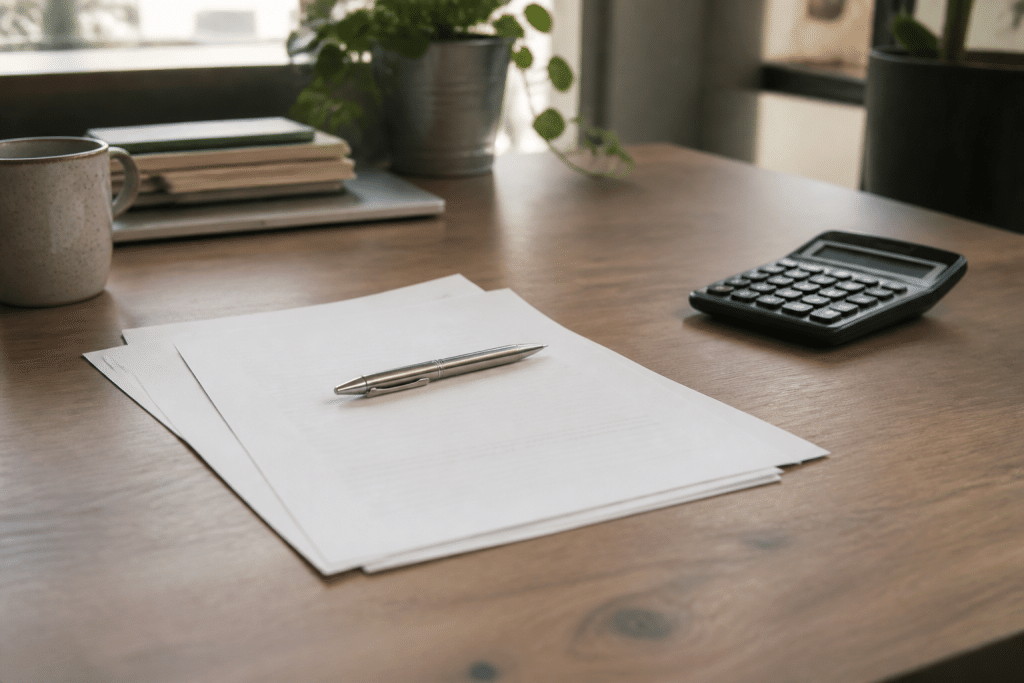 Documents contrat avec stylo et calculatrice sur bureau