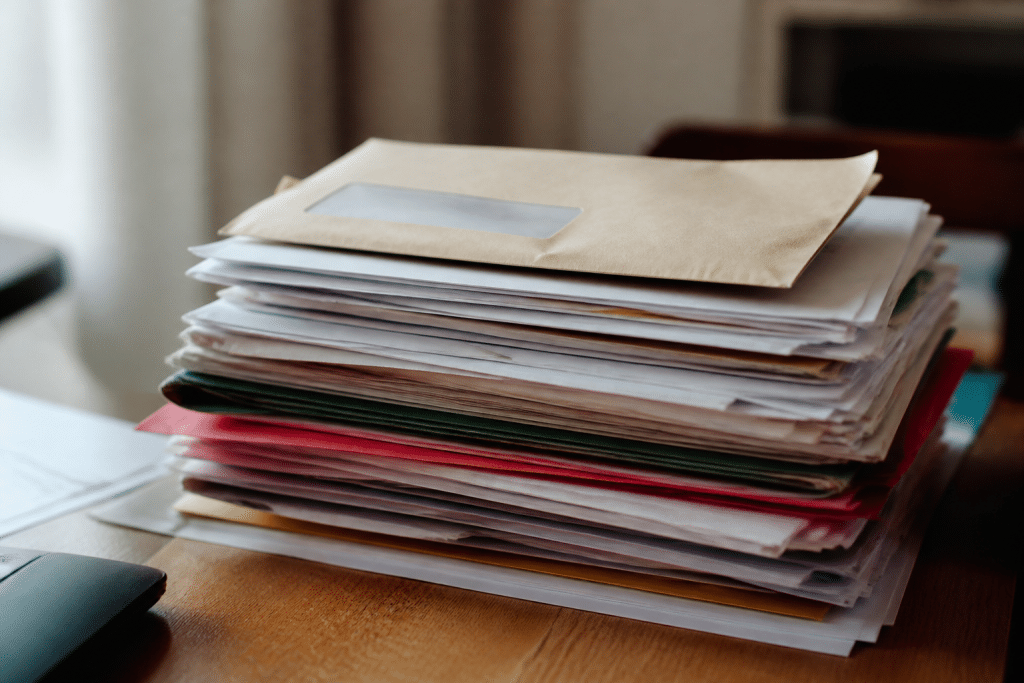 Pile de dossiers administratifs avec enveloppe de courrier officiel