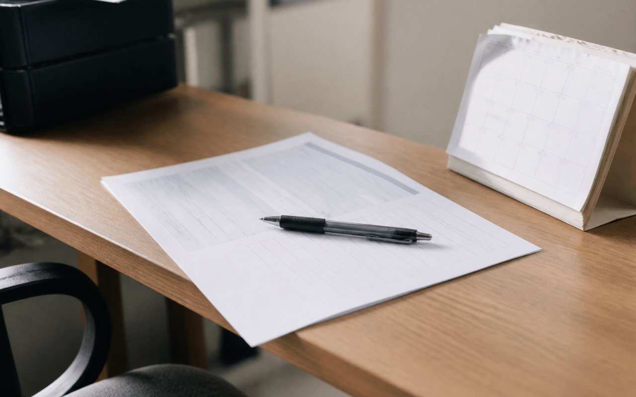 Formulaire administratif posé sur bureau avec stylo et calendrier