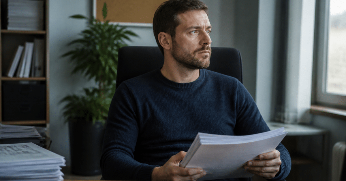Homme assis au bureau tenant documents financiers fermés