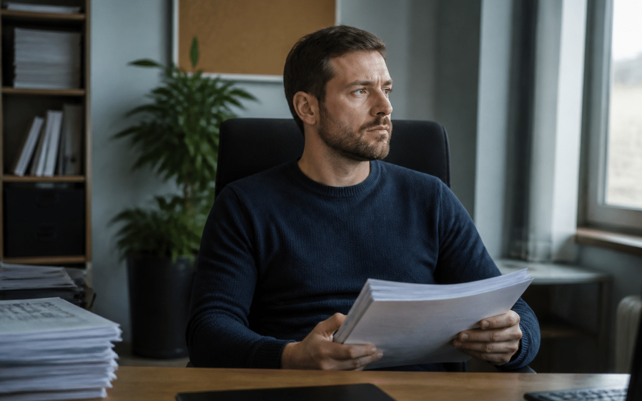 Homme assis au bureau tenant documents financiers fermés