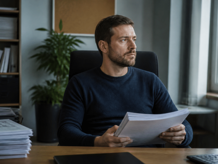 Homme assis au bureau tenant documents financiers fermés