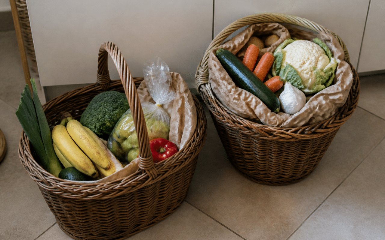 Deux paniers remplis de produits alimentaires varies.