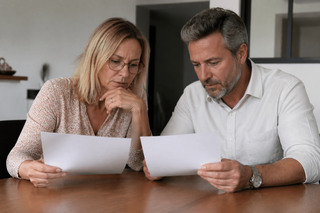 Deux personnes comparent des documents bancaires distincts sur table.
