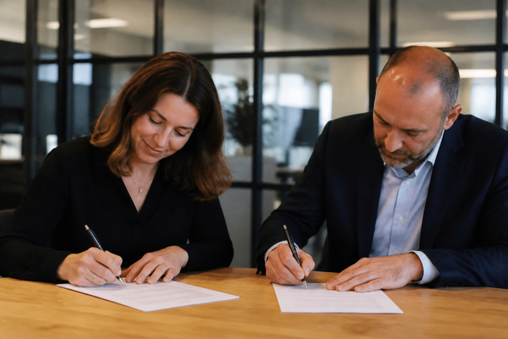 Deux personnes signent un document officiel au bureau.