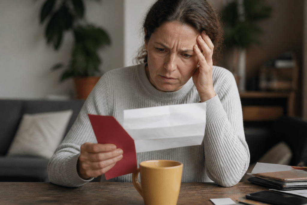 Personne inquiete devant relevé bancaire vide et lettres rouges