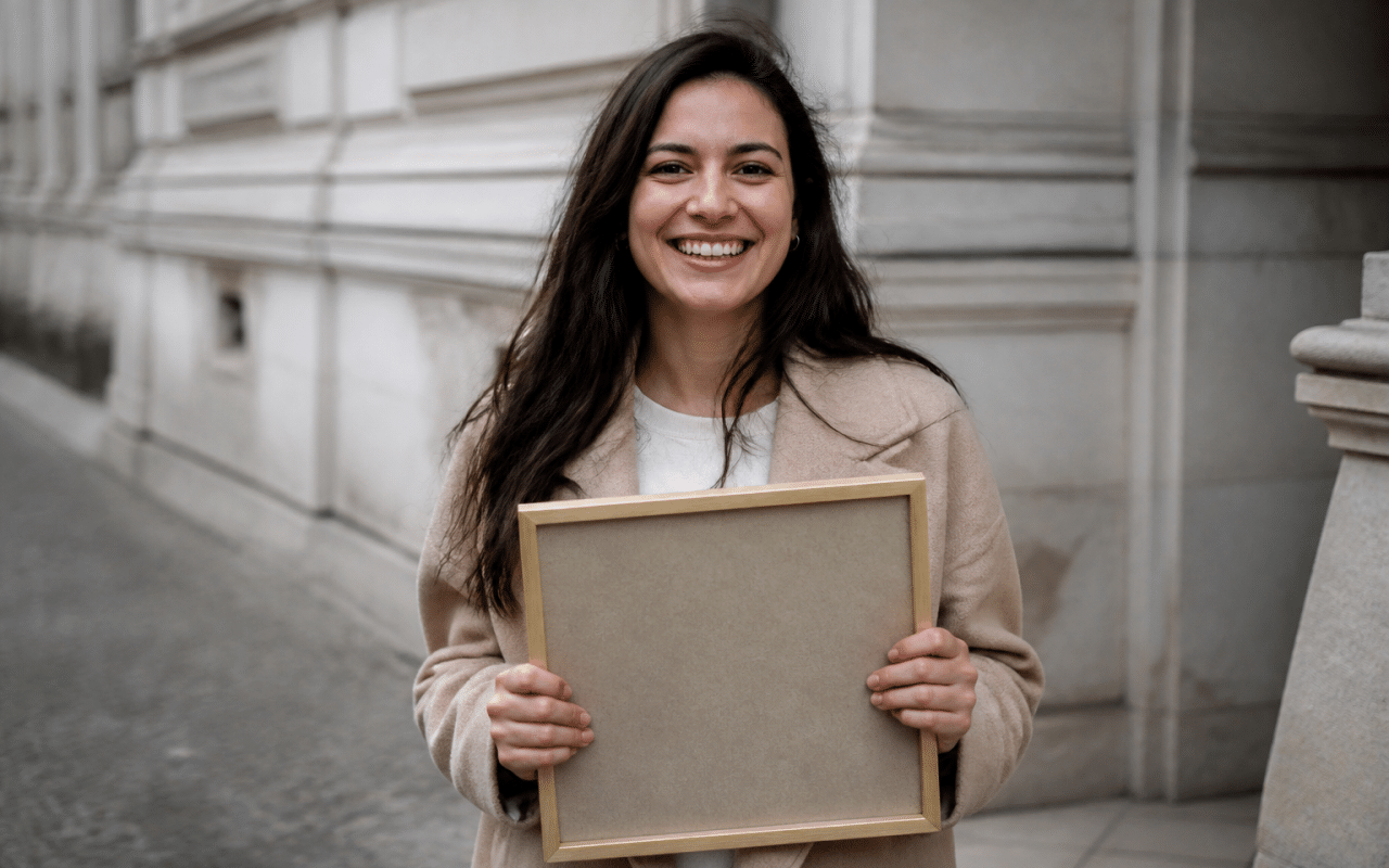 Personne tenant son diplôme encadré entre les mains, souriant