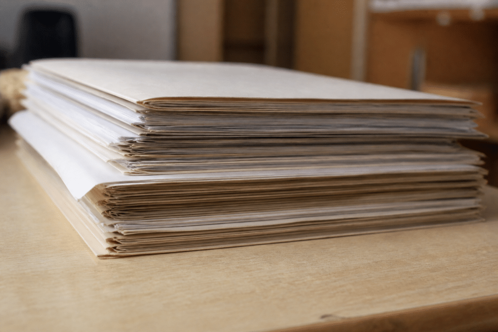 Documents de diplômes sociaux empilés sur bureau clair