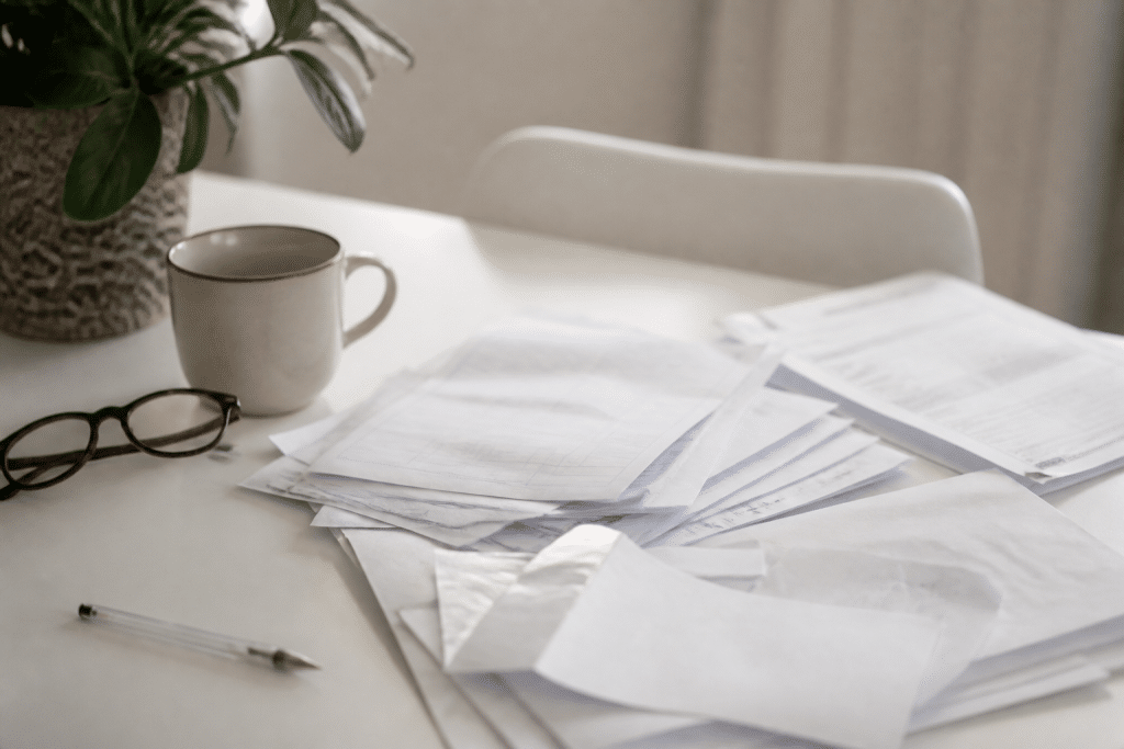 Documents fiscaux et formulaires d'impots sur table blanche