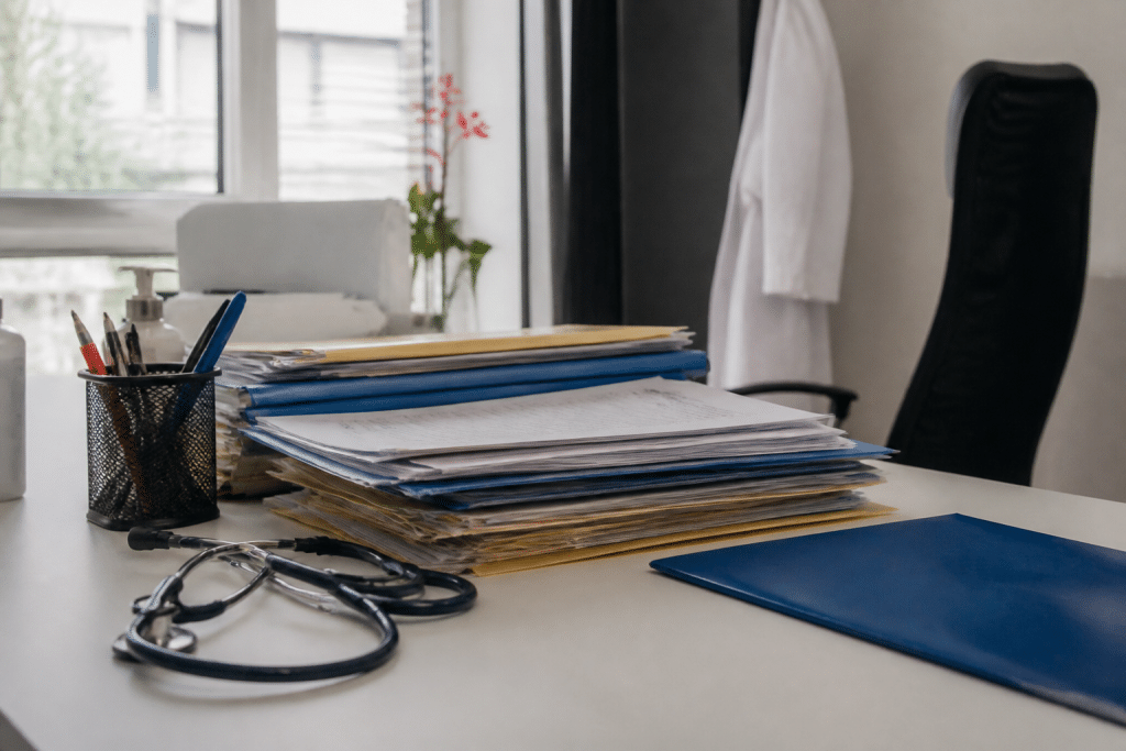 Documents medicaux et dossiers classes sur bureau professionnel