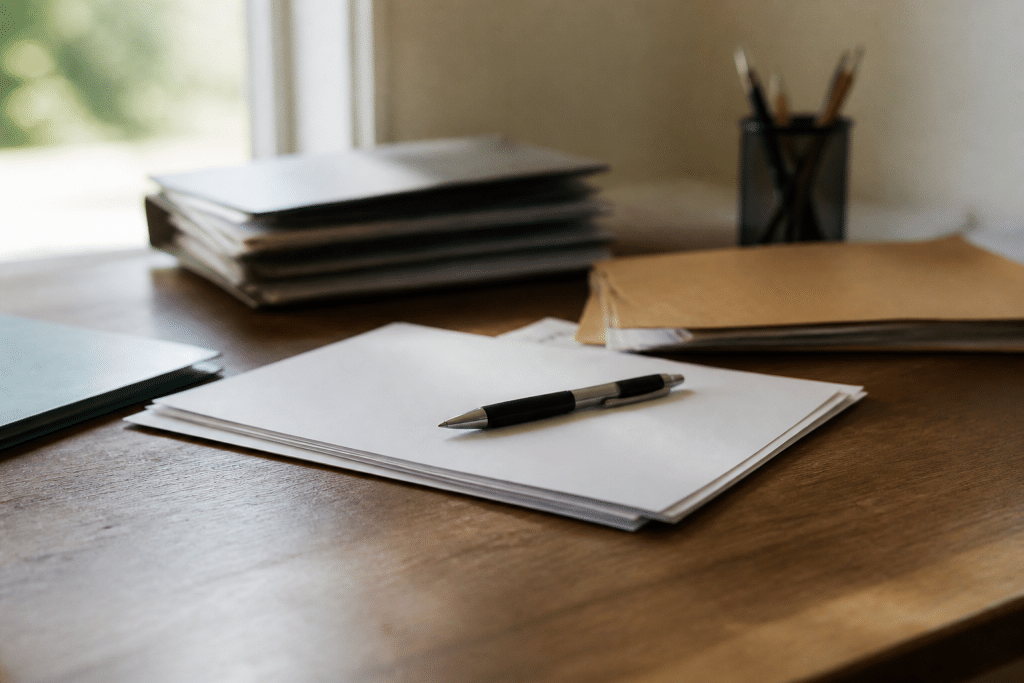 Documents officiels et stylo sur un bureau de travail