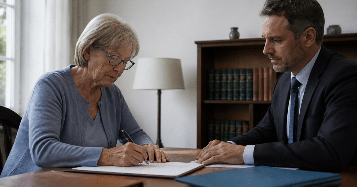 Personne agee signant document notarie avec avocat assis