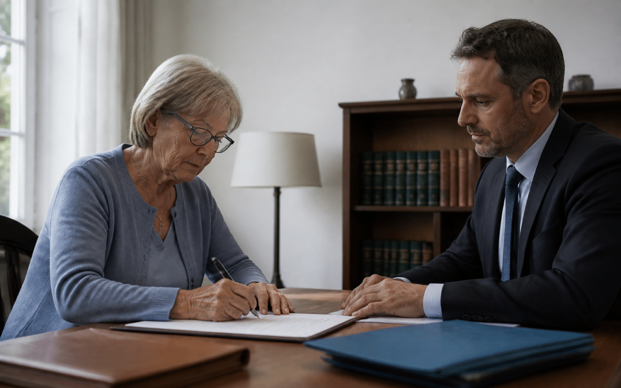 Personne agee signant document notarie avec avocat assis