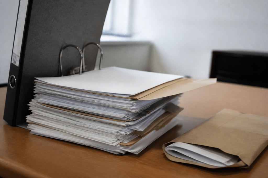 Dossier administratif ouvert avec documents officiels de fermeture.