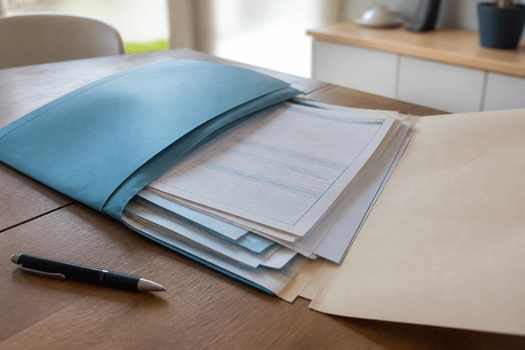 Dossier administratif ouvert avec documents d'indemnisation et formulaires CPAM
