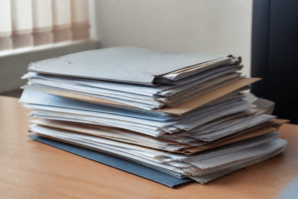 Dossier médical avec certificats et documents administratifs empilés