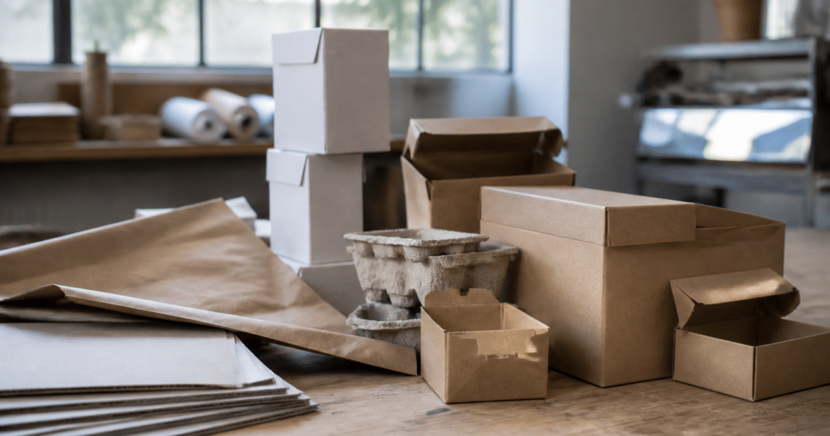 Cartons et materiaux d'emballage disposes sur table de travail