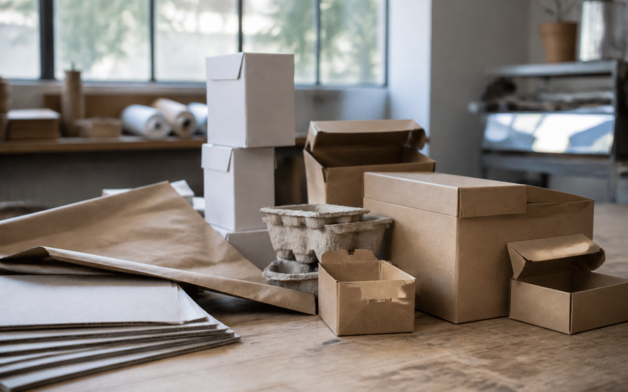 Cartons et materiaux d'emballage disposes sur table de travail