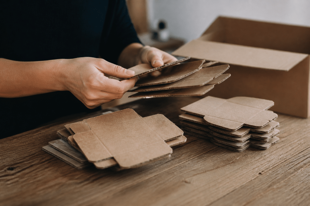Mains triant des petits cartons empilés sur table