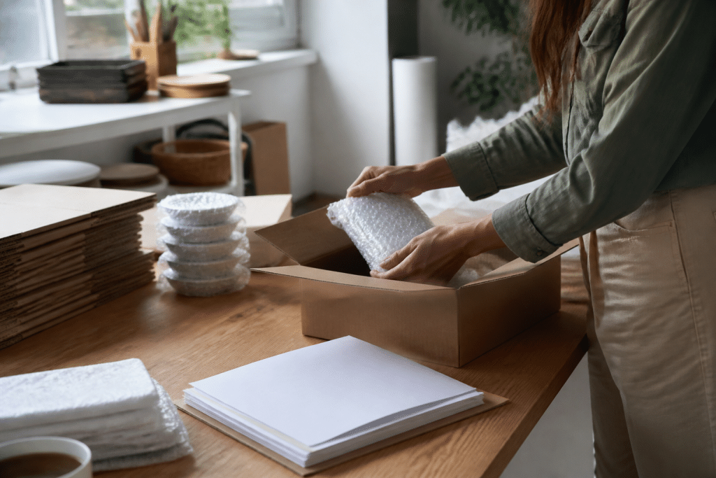 Personne emballant produits avec documents administratifs visibles
