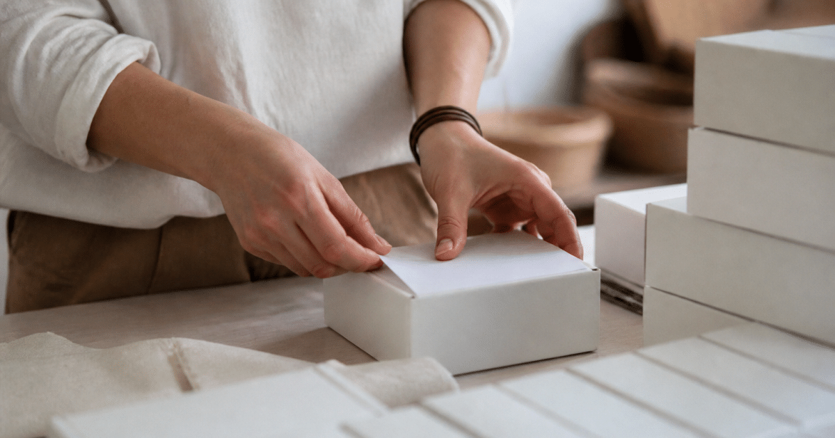 Mains assemblant boites avec etiquettes sur table