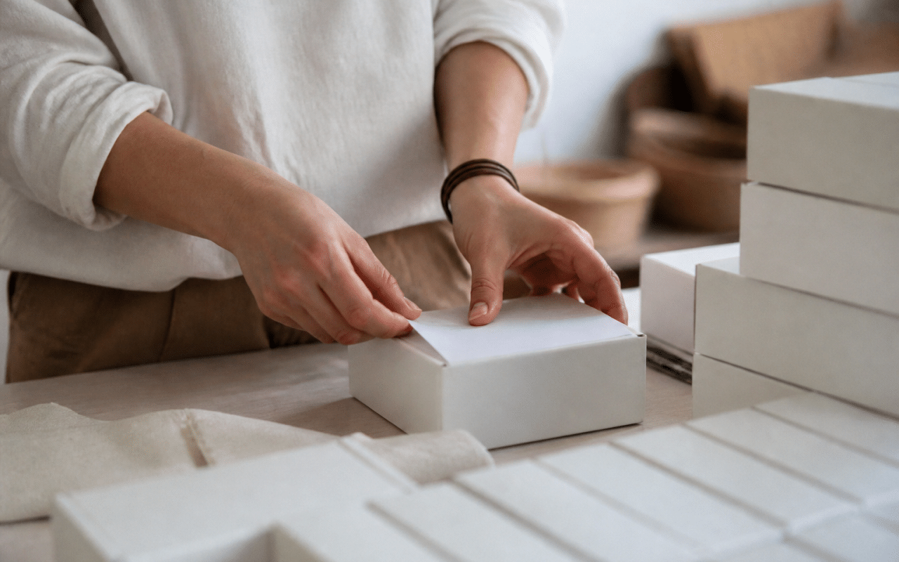 Mains assemblant boites avec etiquettes sur table