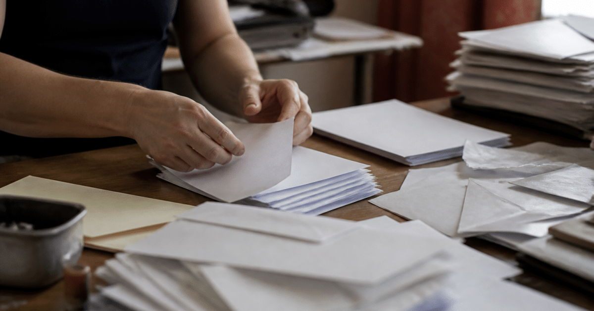 Mains assemblant enveloppes sur bureau encombre de papiers