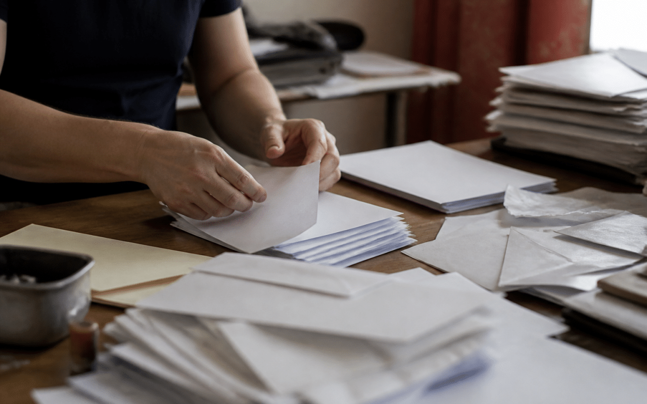 Mains assemblant enveloppes sur bureau encombre de papiers